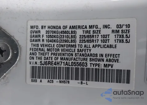 2010 Honda Cr-V Ex-L z USA, uszkodzony, nr VIN 5J6RE4H71AL055603